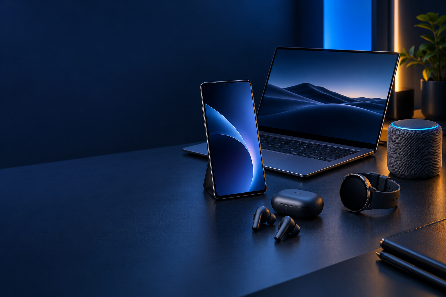 Unbranded consumer gadgets arranged on a review desk